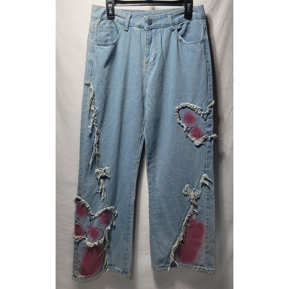 Distressed Butterfly Heart Cutout Wide Leg Jeans Light Wash 2XL